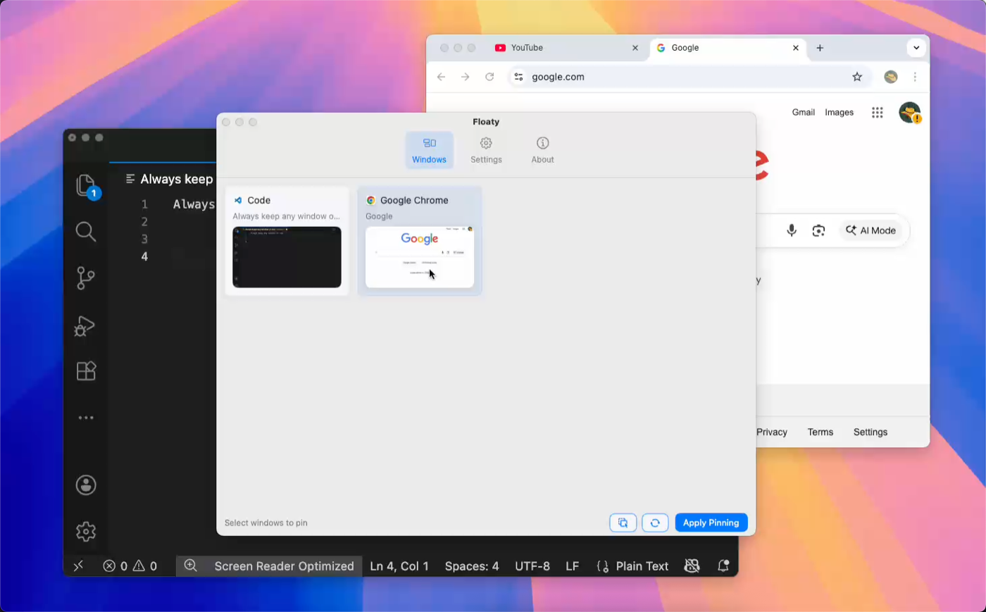 Floaty pinning a window always on top on macOS